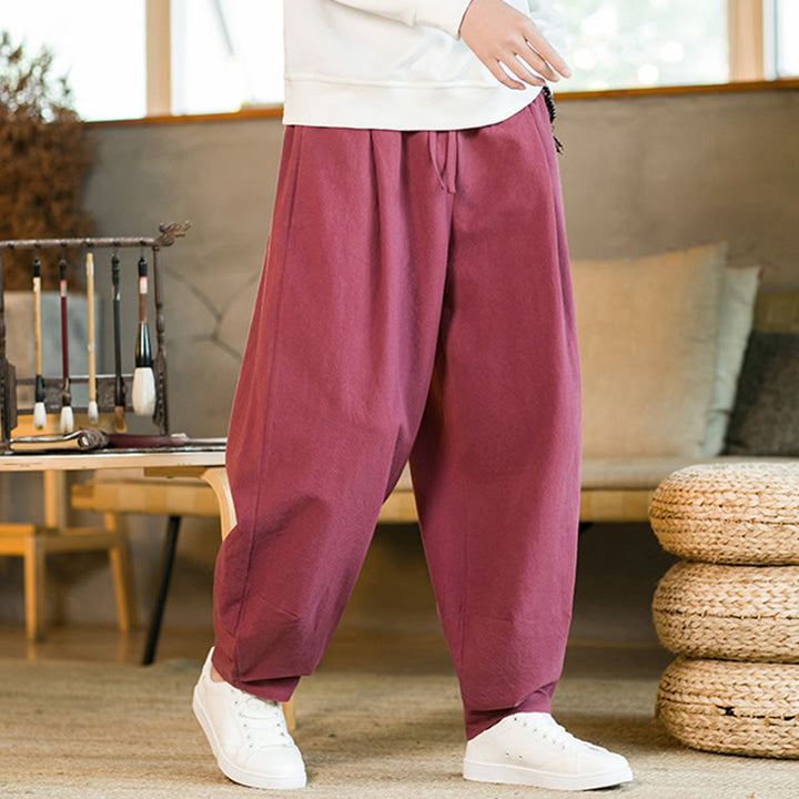 Buddha Stones Solid Color Cotton Linen Drawstring Men's Harem Pants With Pockets - image 9