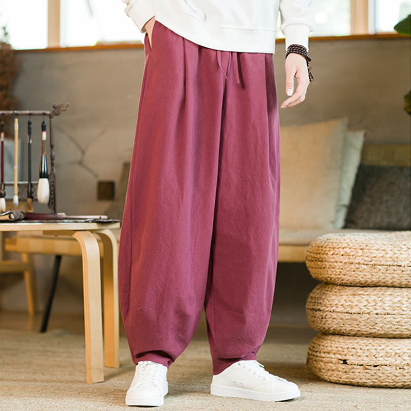 Buddha Stones Solid Color Cotton Linen Drawstring Men's Harem Pants With Pockets - DeepPink - US/UK/AU46,EU56 (5XL) - image 5
