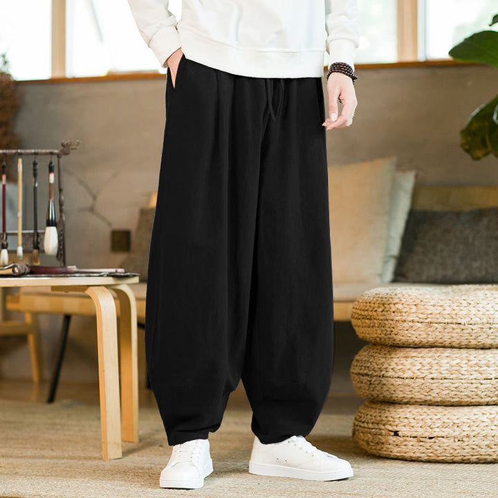 Buddha Stones Solid Color Cotton Linen Drawstring Men's Harem Pants With Pockets - Black - US/UK/AU46,EU56 (5XL) - image 11