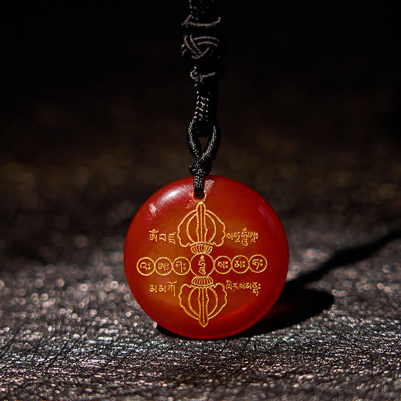 Buddha Stones Vajra Dorje Sanskrit Pattern Natural Various Crystal Black Obsidian Fulfilment Necklace Pendant - Red Agate - image 23