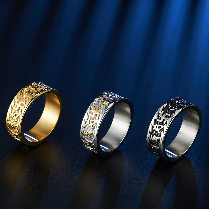 Buddha Stones Six True Words Om Mani Padme Hum Swastika Titanium Steel Peace Ring - image 1