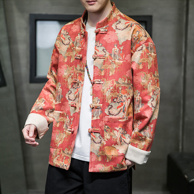 Buddha Stones Chinese New Year Clothes Ancient Figure Painting Solid Color Cuff Frog-button Tang Suit Cotton Men's Jacket Shirt With Pockets - OrangeRed - US/UK/AU46,EU56 (5XL) - image 0