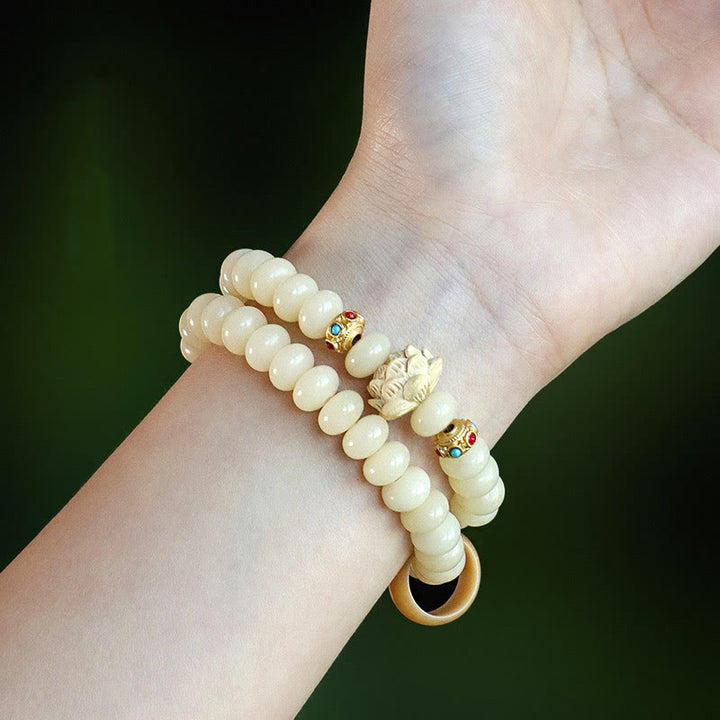 Buddha Stones Bodhi Seed Peach Wood Lotus Wealth Double Wrap Bracelet - image 4