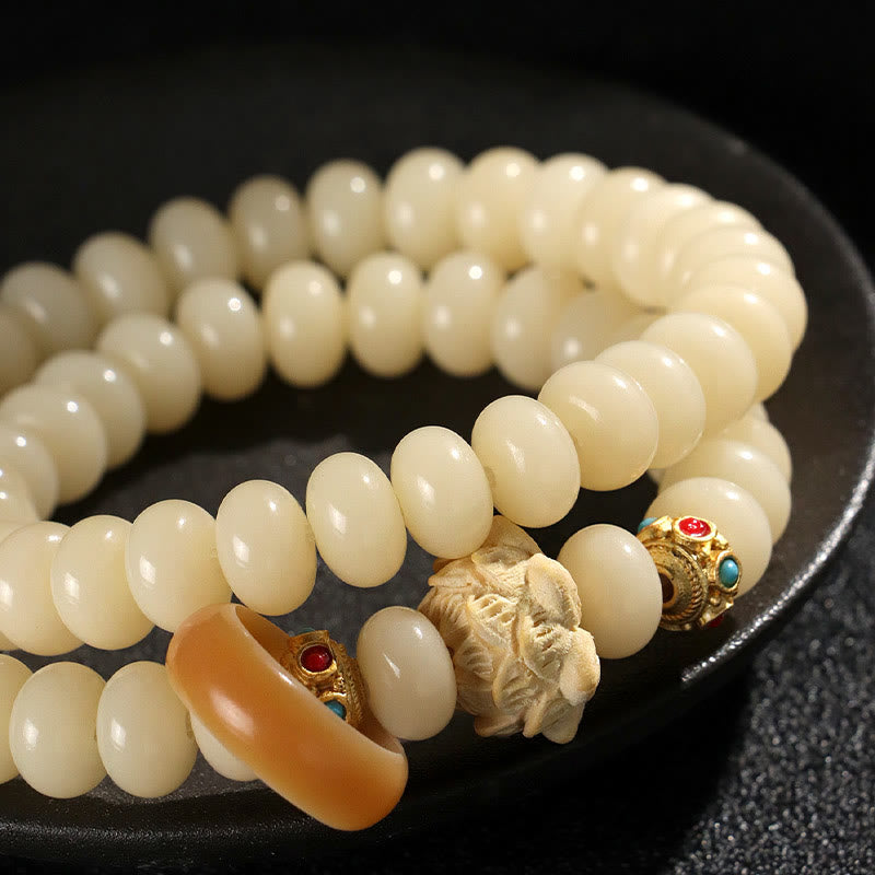 Buddha Stones Bodhi Seed Peach Wood Lotus Wealth Double Wrap Bracelet - image 2