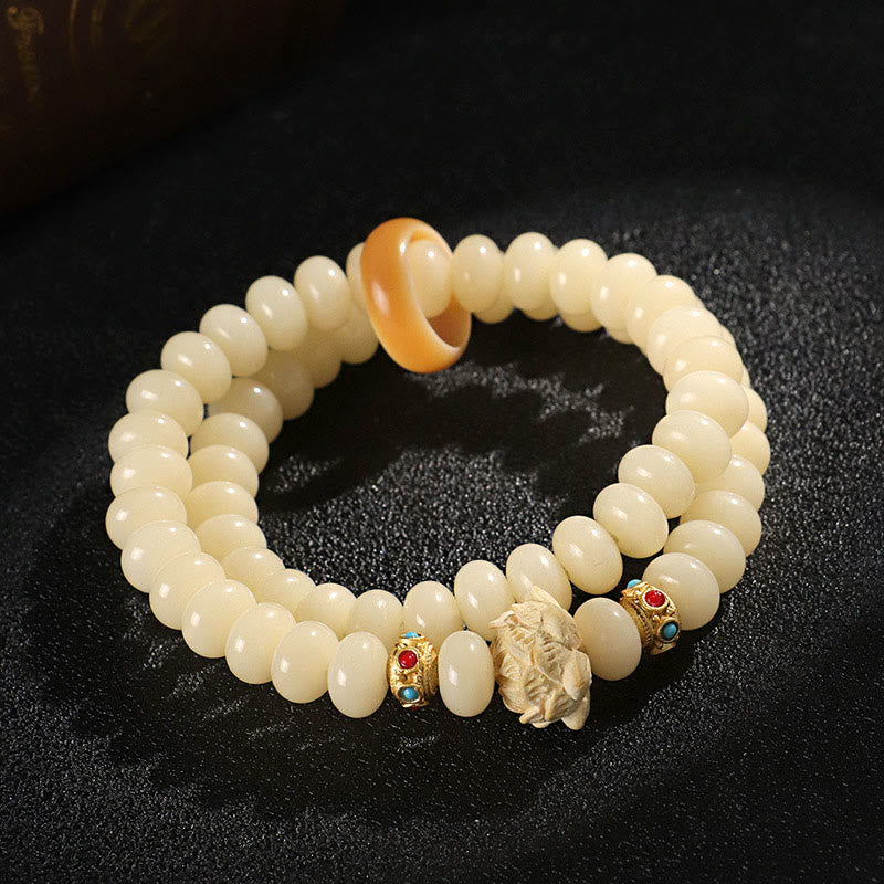 Buddha Stones Bodhi Seed Peach Wood Lotus Wealth Double Wrap Bracelet - image 1
