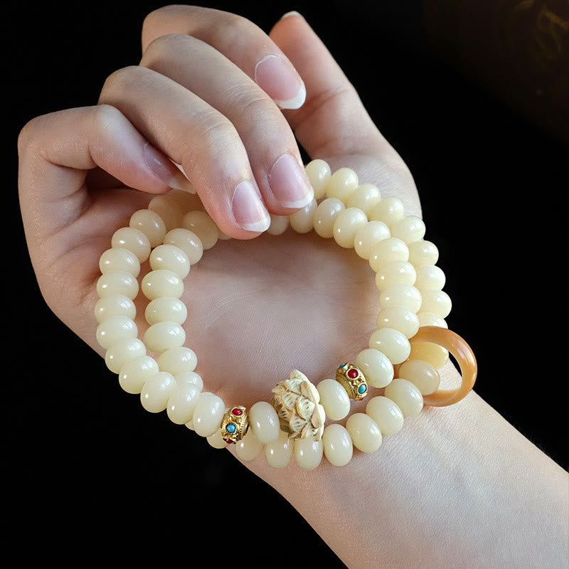 Buddha Stones Bodhi Seed Peach Wood Lotus Wealth Double Wrap Bracelet - image 3