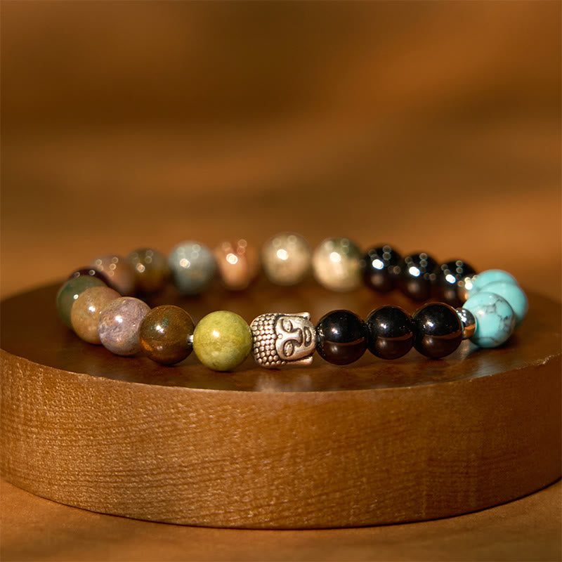 Buddha Stones Natural Black Onyx White Stone Green Aventurine Tiger Eye Agate Mixed Color Buddha Head Protection Bracelet - Indian Agate(Wrist Circumference: 15-17cm) - image 26