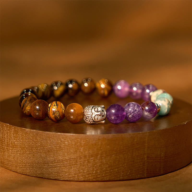 Buddha Stones Natural Black Onyx White Stone Green Aventurine Tiger Eye Agate Mixed Color Buddha Head Protection Bracelet - image 3