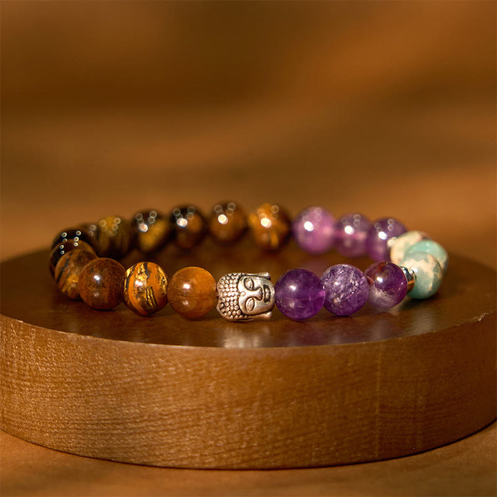 Buddha Stones Natural Black Onyx White Stone Green Aventurine Tiger Eye Agate Mixed Color Buddha Head Protection Bracelet - image 3