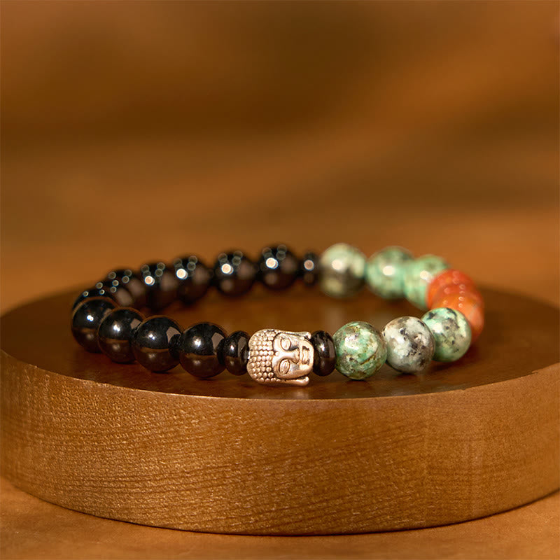 Buddha Stones Natural Black Onyx White Stone Green Aventurine Tiger Eye Agate Mixed Color Buddha Head Protection Bracelet - Black Onyx(Wrist Circumference: 15-17cm) - image 15