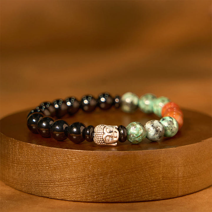 Buddha Stones Natural Black Onyx White Stone Green Aventurine Tiger Eye Agate Mixed Color Buddha Head Protection Bracelet - Black Onyx(Wrist Circumference: 15-17cm) - image 15