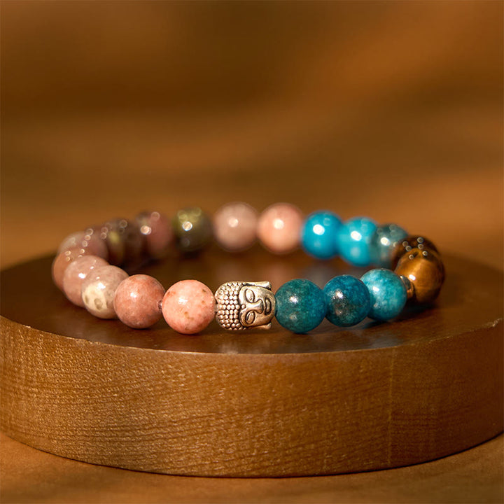 Buddha Stones Natural Black Onyx White Stone Green Aventurine Tiger Eye Agate Mixed Color Buddha Head Protection Bracelet - Cotton Stone(Wrist Circumference: 15-17cm) - image 31