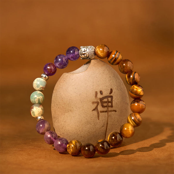 Buddha Stones Natural Black Onyx White Stone Green Aventurine Tiger Eye Agate Mixed Color Buddha Head Protection Bracelet - image 4