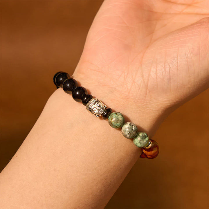 Buddha Stones Natural Black Onyx White Stone Green Aventurine Tiger Eye Agate Mixed Color Buddha Head Protection Bracelet - image 17