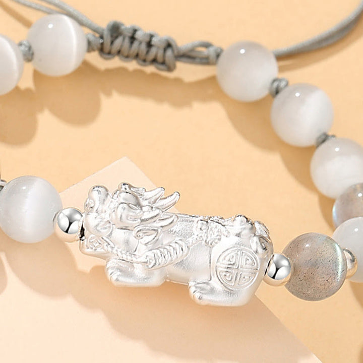 Buddha Stones Pi Xiu Six True Words 999 Sterling Silver Black Obsidian White Turquoise Chrysoberyl Luck Bracelet - image 13