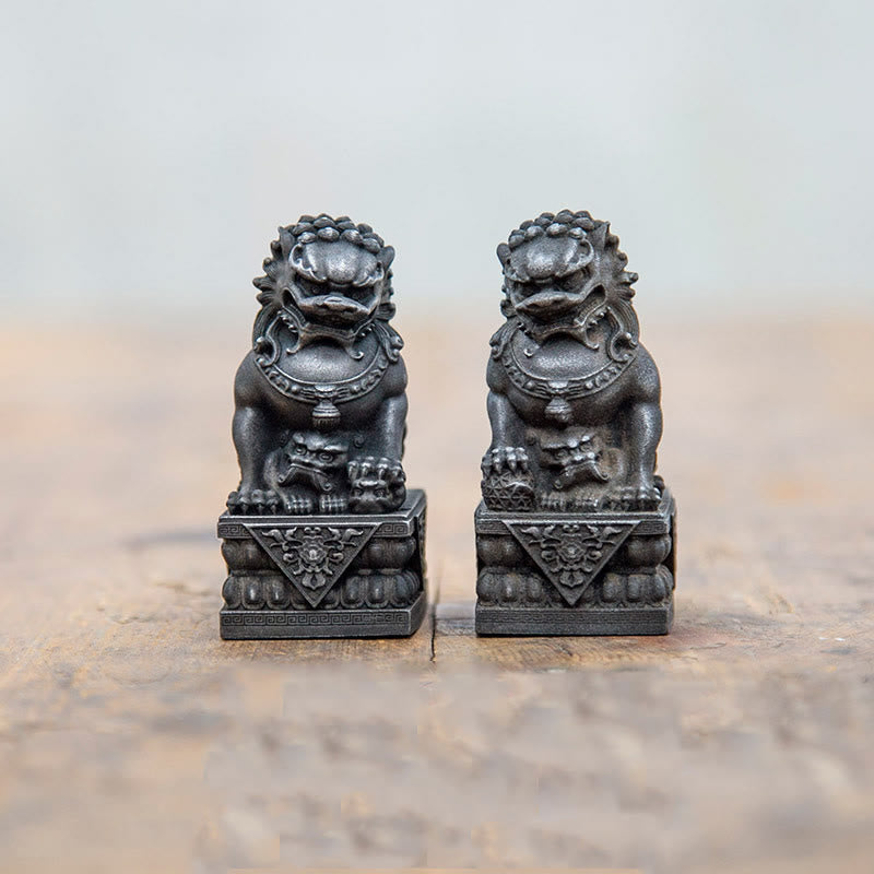 Buddha Stones Handmade Lion Fu Foo Dogs Iron Powder Rust Cast Resin Statue Ward Off Evil Protection Home Decoration - Black Version - 2Pcs Set - 8.5*4cm - image 3