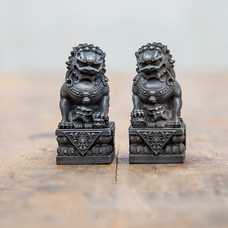 Buddha Stones Handmade Lion Fu Foo Dogs Iron Powder Rust Cast Resin Statue Ward Off Evil Protection Home Decoration - Black Version - 2Pcs Set - 11.5*5.3cm - image 6