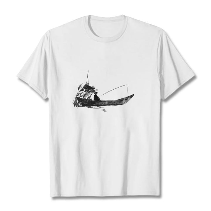 Buddha Stones Boat Fishing Grass Pattern Cotton Tee T-shirt - White - 2XL - image 4