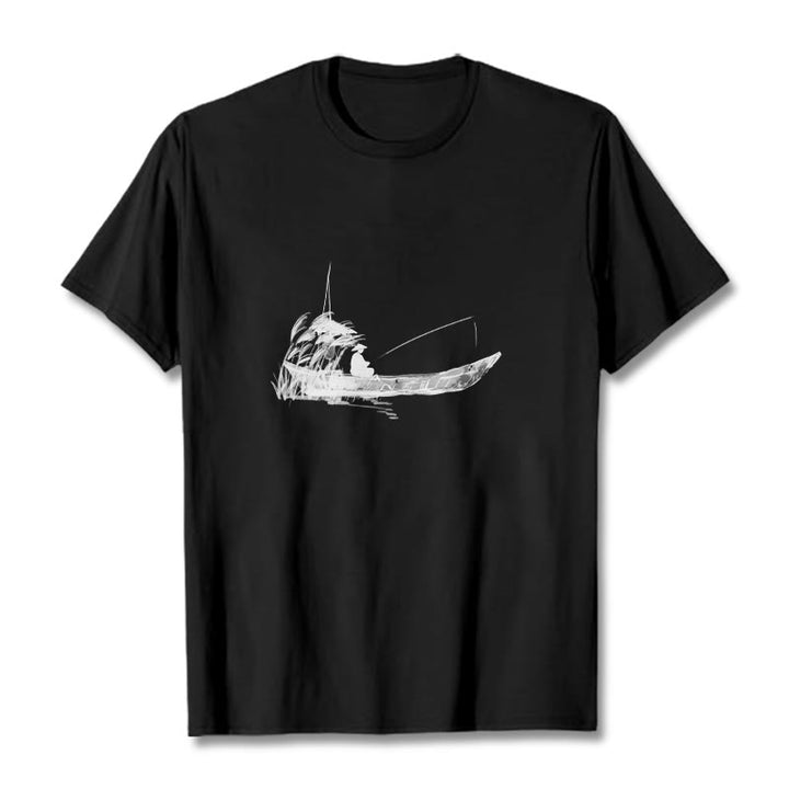 Buddha Stones Boat Fishing Grass Pattern Cotton Tee T-shirt - Black - 2XL - image 11