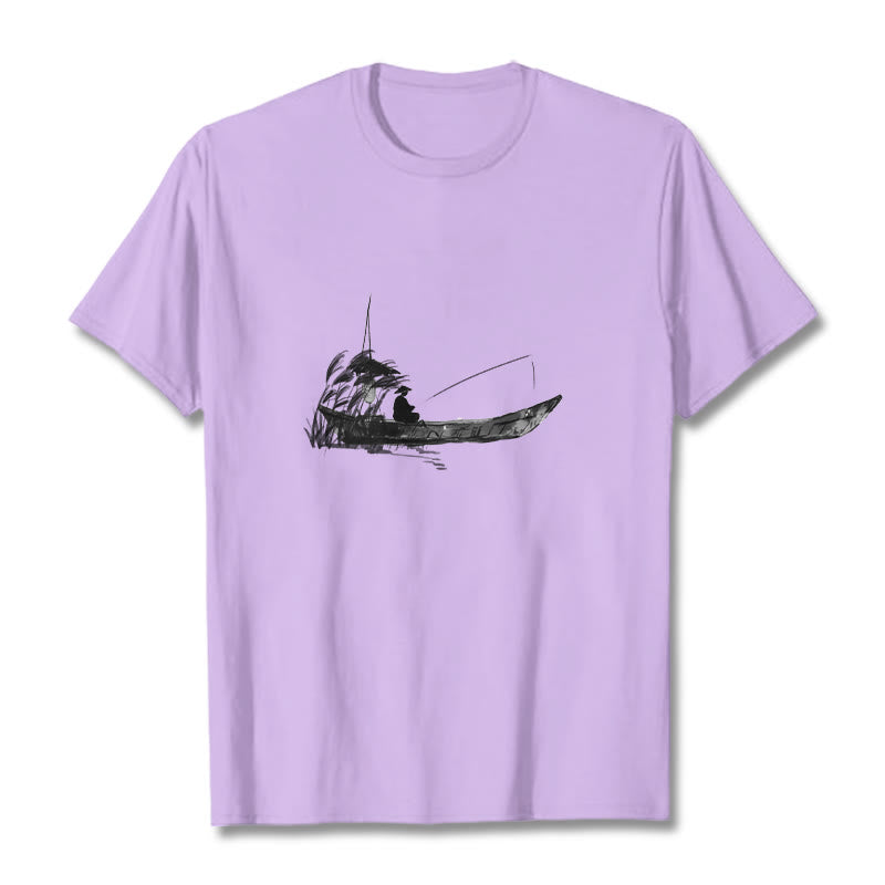 Buddha Stones Boat Fishing Grass Pattern Cotton Tee T-shirt - Plum - 2XL - image 9