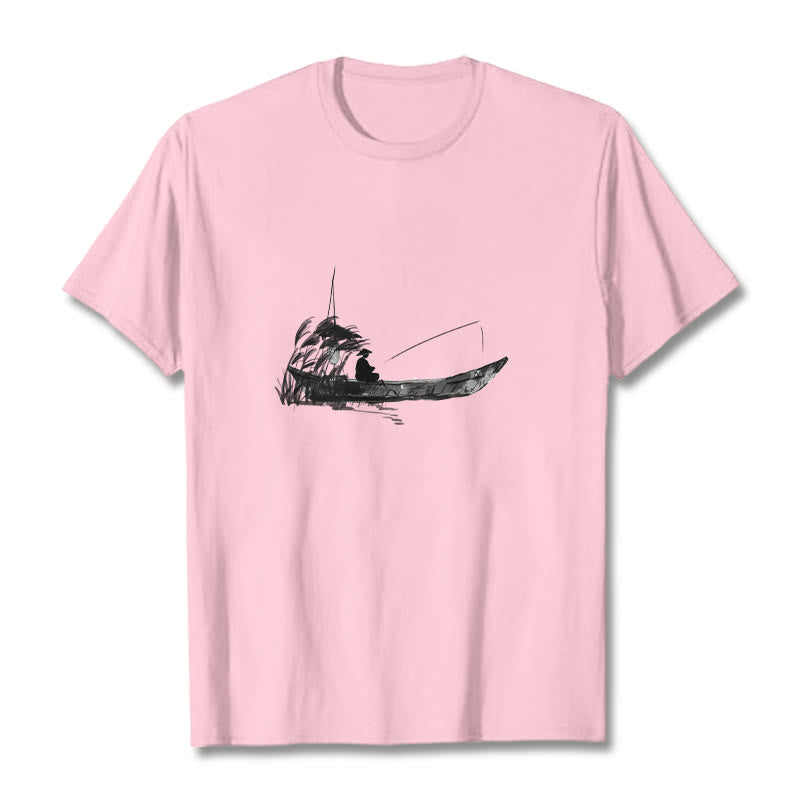 Buddha Stones Boat Fishing Grass Pattern Cotton Tee T-shirt - LightPink - 2XL - image 18
