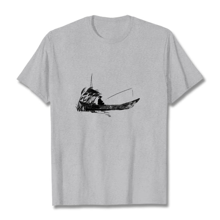 Buddha Stones Boat Fishing Grass Pattern Cotton Tee T-shirt - LightGrey - 2XL - image 0
