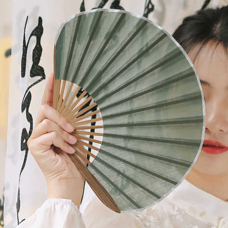 Buddha Stones Retro Solid Color Shell Shape Handheld Bamboo Folding Fan - image 3