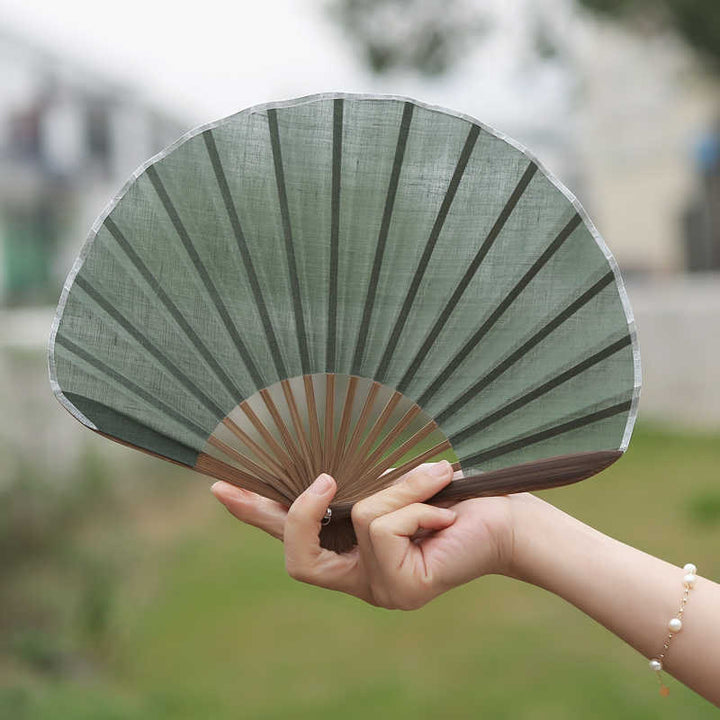 Buddha Stones Retro Solid Color Shell Shape Handheld Bamboo Folding Fan - Green 22cm - image 0
