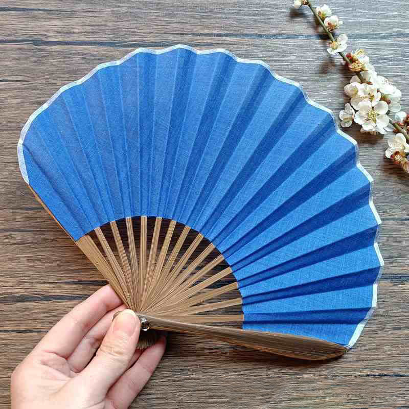 Buddha Stones Retro Solid Color Shell Shape Handheld Bamboo Folding Fan - Blue 22cm - image 16