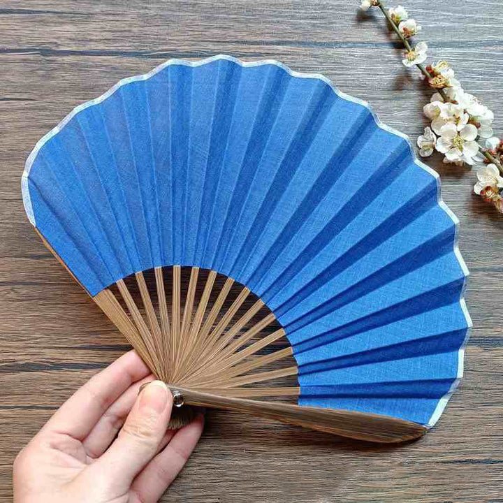 Buddha Stones Retro Solid Color Shell Shape Handheld Bamboo Folding Fan - Blue 22cm - image 16