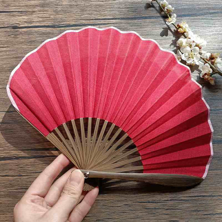 Buddha Stones Retro Solid Color Shell Shape Handheld Bamboo Folding Fan - Red 22cm - image 19