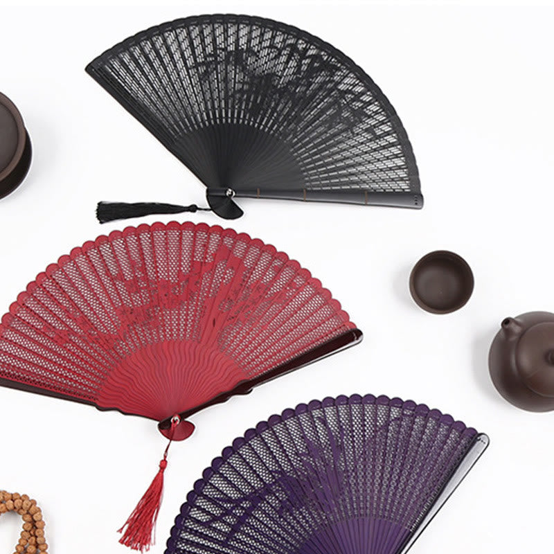 Buddha Stones Retro Bamboo Hollow Engraving Handheld Bamboo Folding Fan - image 1