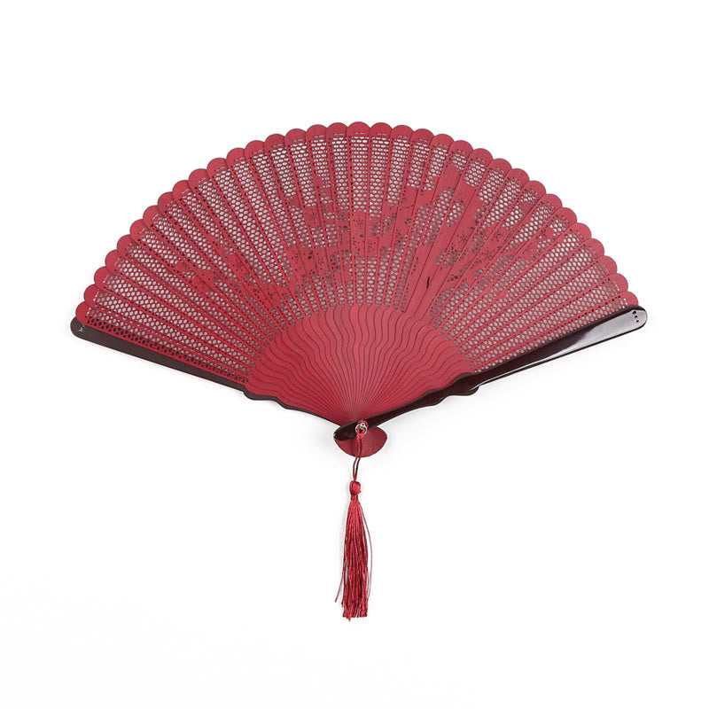 Buddha Stones Retro Bamboo Hollow Engraving Handheld Bamboo Folding Fan - Red Flowers 20cm - image 6