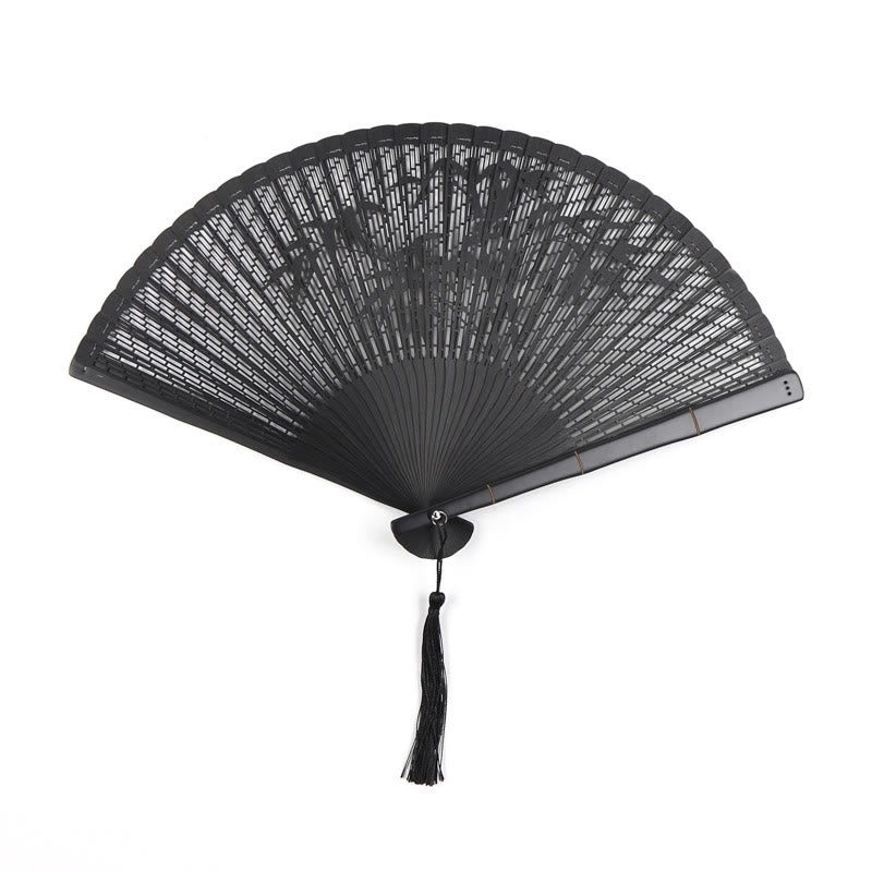 Buddha Stones Retro Bamboo Hollow Engraving Handheld Bamboo Folding Fan - Black Bamboo 20cm - image 3