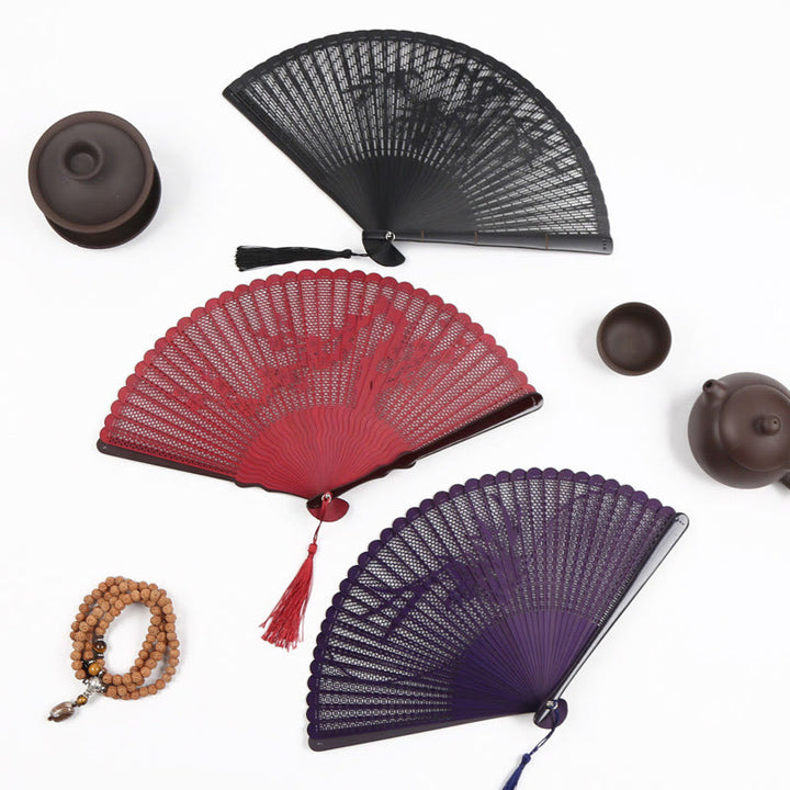 Buddha Stones Retro Bamboo Hollow Engraving Handheld Bamboo Folding Fan - image 0