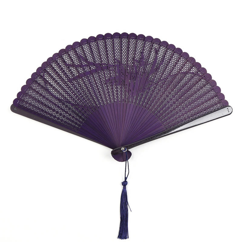 Buddha Stones Retro Bamboo Hollow Engraving Handheld Bamboo Folding Fan - Purple Branches 20cm - image 10