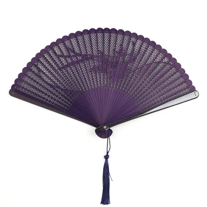 Buddha Stones Retro Bamboo Hollow Engraving Handheld Bamboo Folding Fan - Purple Branches 20cm - image 10