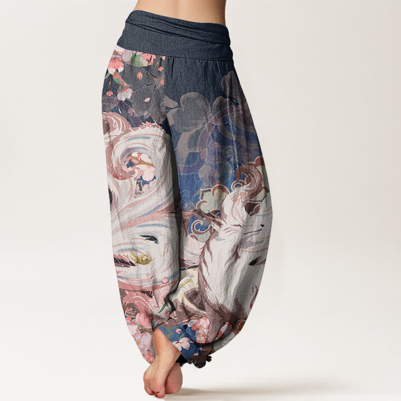 Buddha Stones Fox Cherry Blossoms Women's Elastic Waist Harem Pants - image 2