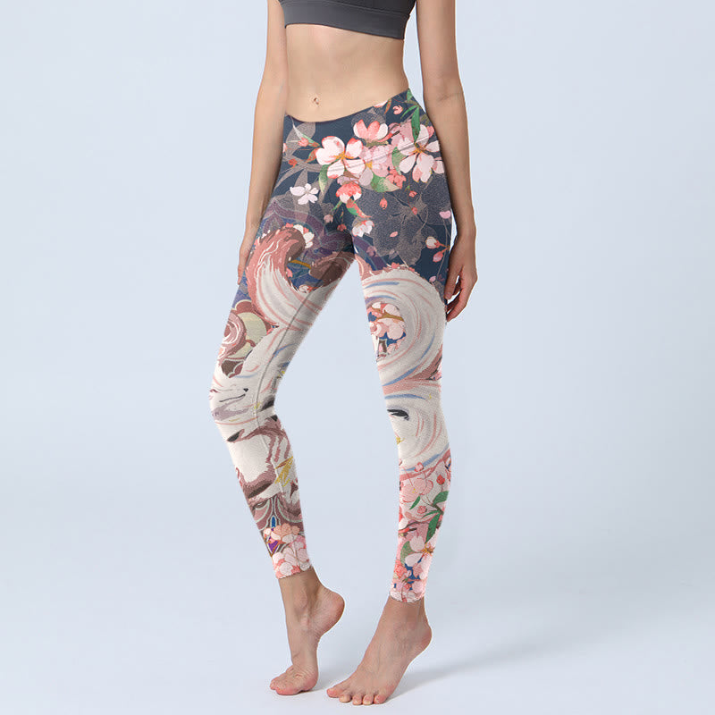 Buddha Stones Fox Cherry Blossoms Gym Leggings Women's Yoga Pants - MidnightBlue - US18,UK/AU22,EU50 (4XL) - image 0