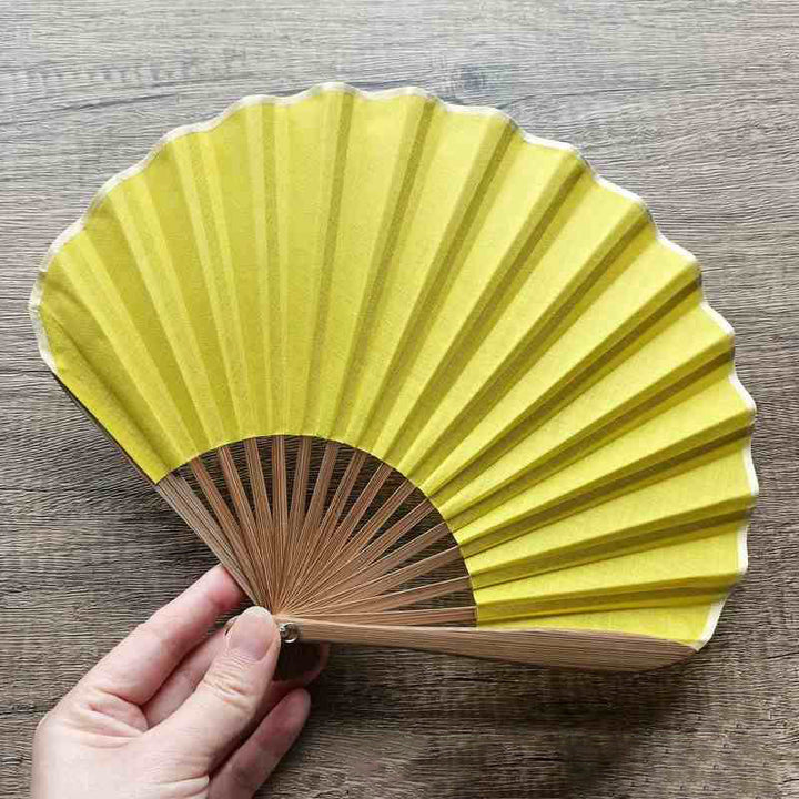 Buddha Stones Retro Solid Color Shell Shape Handheld Bamboo Folding Fan - Yellow 22cm - image 22