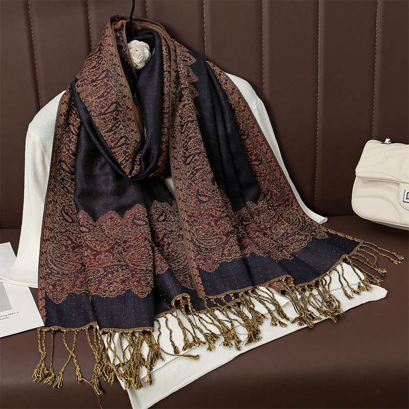 Buddha Stones Tibetan Cashew Jacquard Colorful Flower Print Tassels Shawl Fall Winter Soft Warm Scarf Wrap - Black 190*70cm - image 5