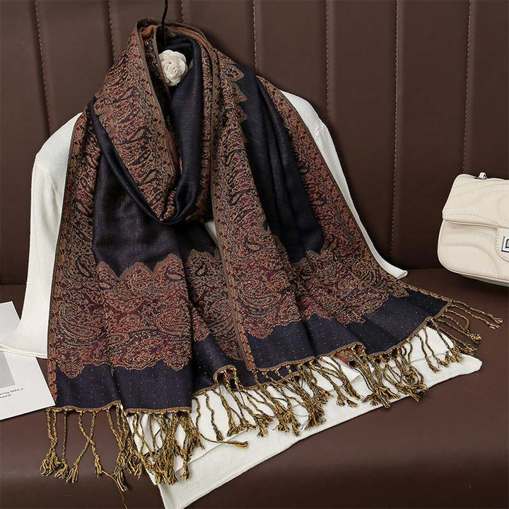 Buddha Stones Tibetan Cashew Jacquard Colorful Flower Print Tassels Shawl Fall Winter Soft Warm Scarf Wrap - Black 190*70cm - image 5