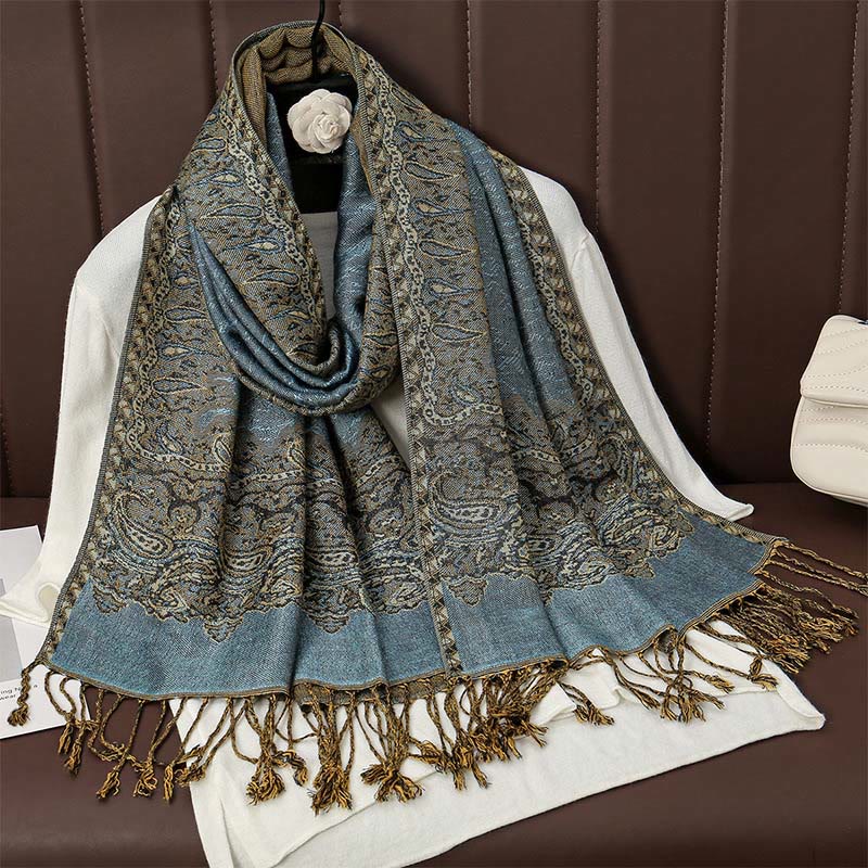 Buddha Stones Tibetan Cashew Jacquard Colorful Flower Print Tassels Shawl Fall Winter Soft Warm Scarf Wrap - SteelBlue 190*70cm - image 8