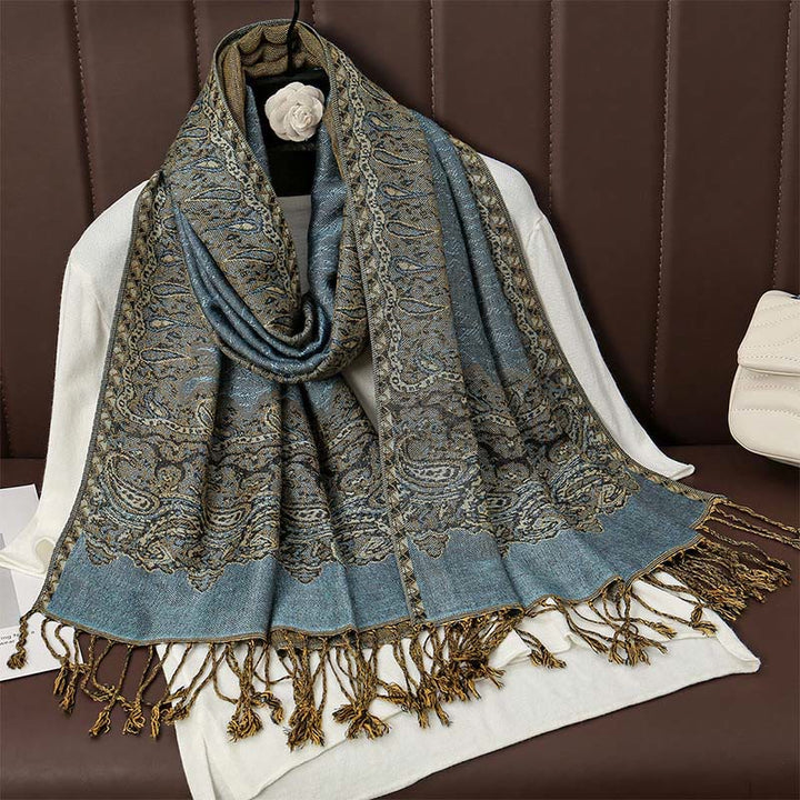 Buddha Stones Tibetan Cashew Jacquard Colorful Flower Print Tassels Shawl Fall Winter Soft Warm Scarf Wrap - SteelBlue 190*70cm - image 8
