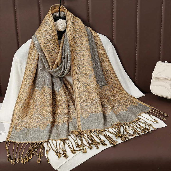 Buddha Stones Tibetan Cashew Jacquard Colorful Flower Print Tassels Shawl Fall Winter Soft Warm Scarf Wrap - Gold 190*70cm - image 9