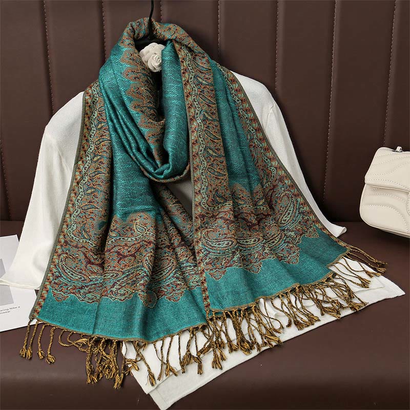 Buddha Stones Tibetan Cashew Jacquard Colorful Flower Print Tassels Shawl Fall Winter Soft Warm Scarf Wrap - DarkCyan 190*70cm - image 10