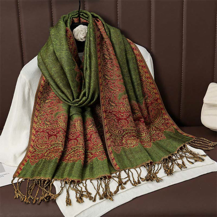 Buddha Stones Tibetan Cashew Jacquard Colorful Flower Print Tassels Shawl Fall Winter Soft Warm Scarf Wrap - LimeGreen 190*70cm - image 12