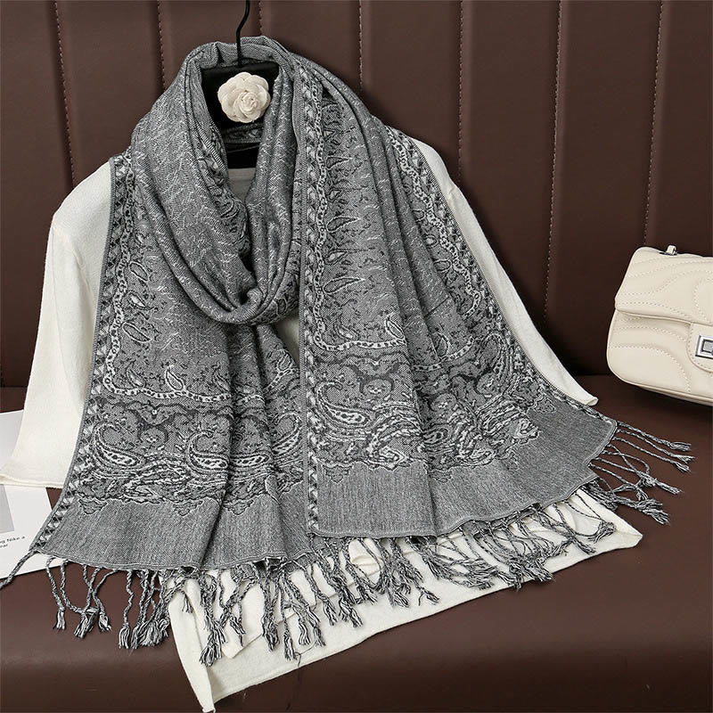 Buddha Stones Tibetan Cashew Jacquard Colorful Flower Print Tassels Shawl Fall Winter Soft Warm Scarf Wrap - DarkGray 190*70cm - image 15