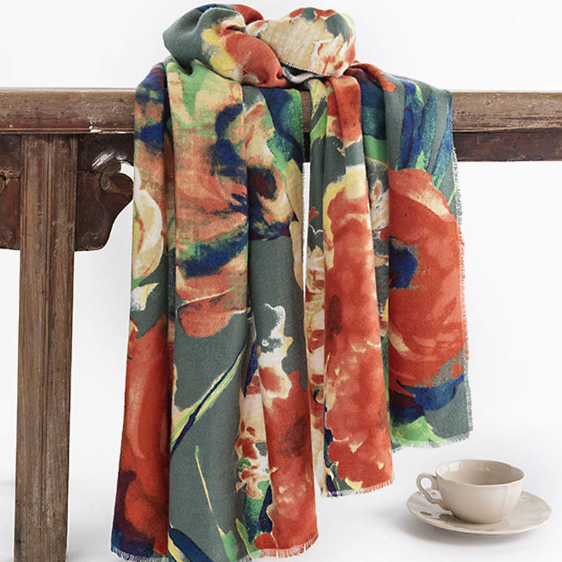 Buddha Stones Tibetan Chinese Retro Ink Painting Flower Print Shawl Fall Winter Cozy Warm Scarf Wrap - image 3