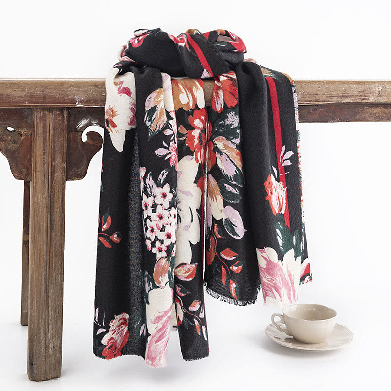 Buddha Stones Tibetan Blooming Rose Peony Flower Print Shawl Fall Winter Cozy Warm Scarf Wrap - Black 190*65cm - image 0